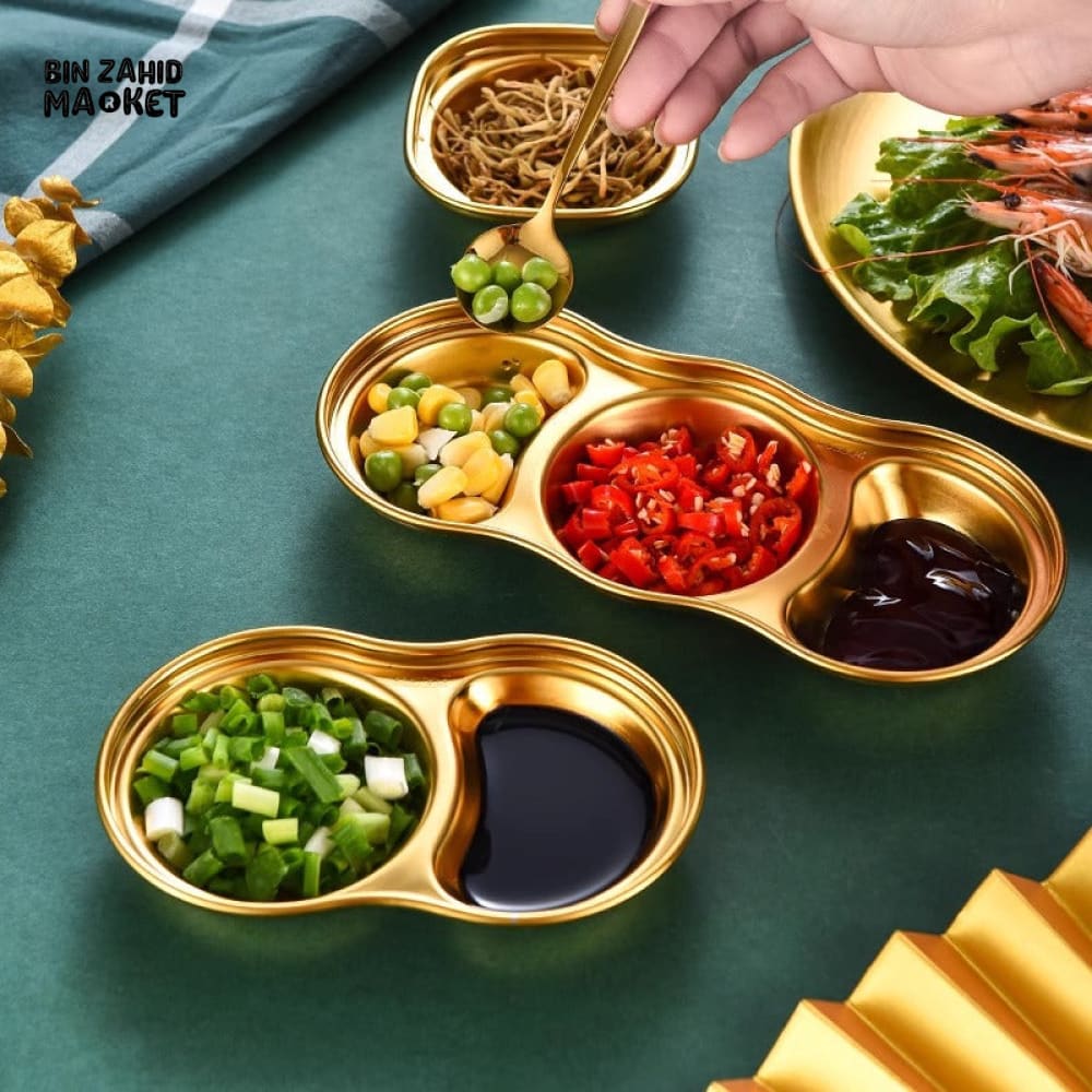 GOLDEN 3-PARTITION STAINLESS STEEL DIP BOWLS – LUXURY SAUCE PLATE & SEASONING TRAY FOR BBQ VINEGAR SPICES KETCHUP SALT & SUGAR FLAVOR - Image 9