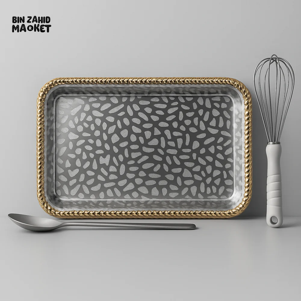 GOLDEN EDGE RECTANGULAR SERVING TRAY – LUXURY STAINLESS STEEL DECORATIVE PLATTER FOR KITCHEN & DINING