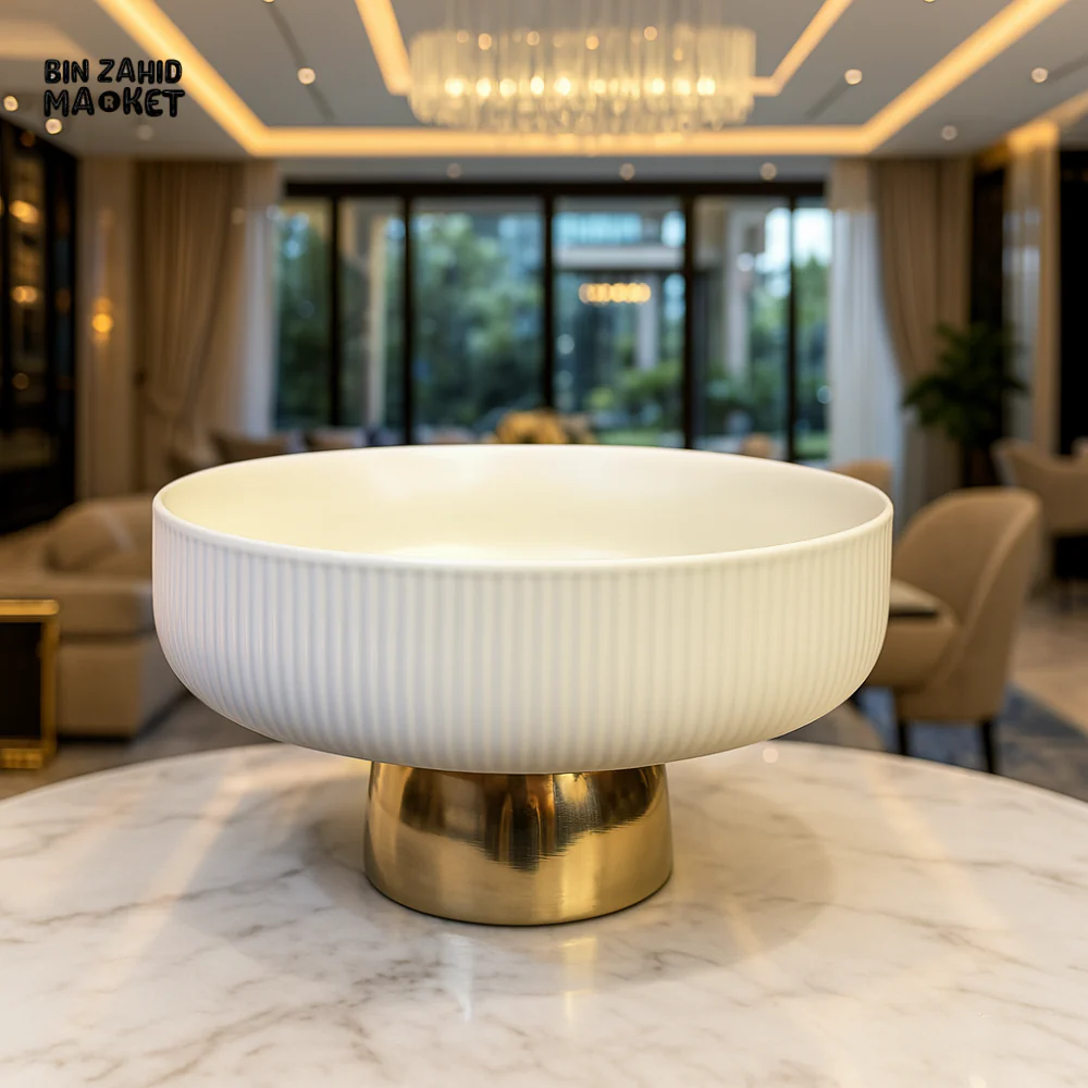 GOLDEN FOOTED SERVING BOWL 8 INCH – LUXURY FRUIT & SNACK DISPLAY CENTERPIECE - WHITE - Image 2
