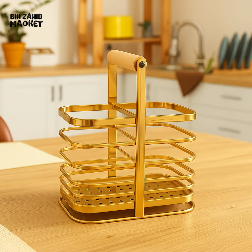 GOLDEN KITCHEN UTENSIL HOLDER – LUXURY MULTIFUNCTIONAL STORAGE CADDY WITH WOODEN HANDLE FOR COUNTER & DINING ORGANIZATION