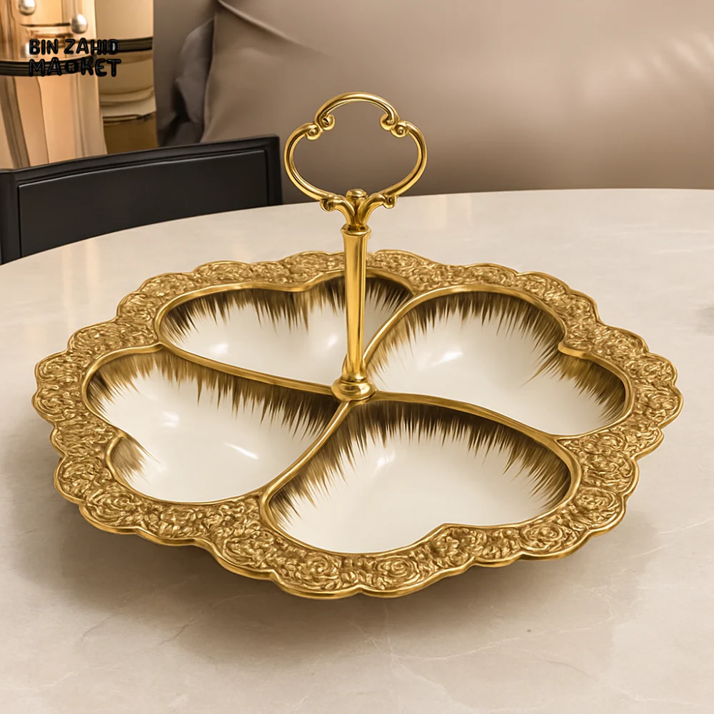 GOLDEN ORNATE 4-COMPARTMENT SERVING TRAY WITH HANDLE – LUXURY HEART-SHAPED SNACK & DRY FRUIT PLATTER