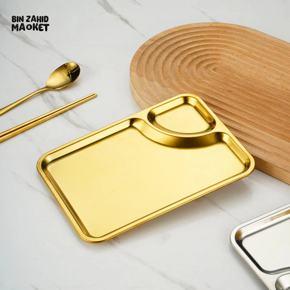GOLDEN STAINLESS STEEL RECTANGULAR SERVING TRAY WITH SAUCE COMPARTMENT – 22×16 CM - Image 2