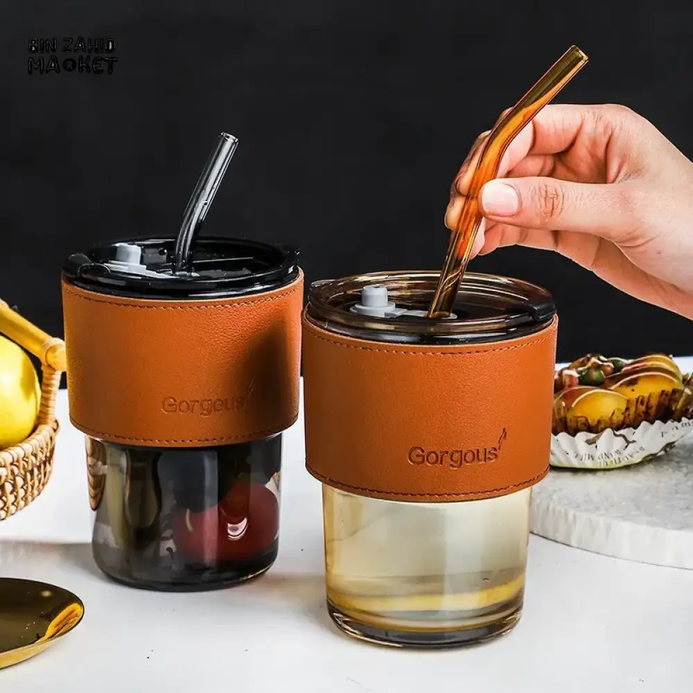GORGOUS DOUBLE DRINKING GLASS CUP WITH GLASS STRAW 450ML - Image 2