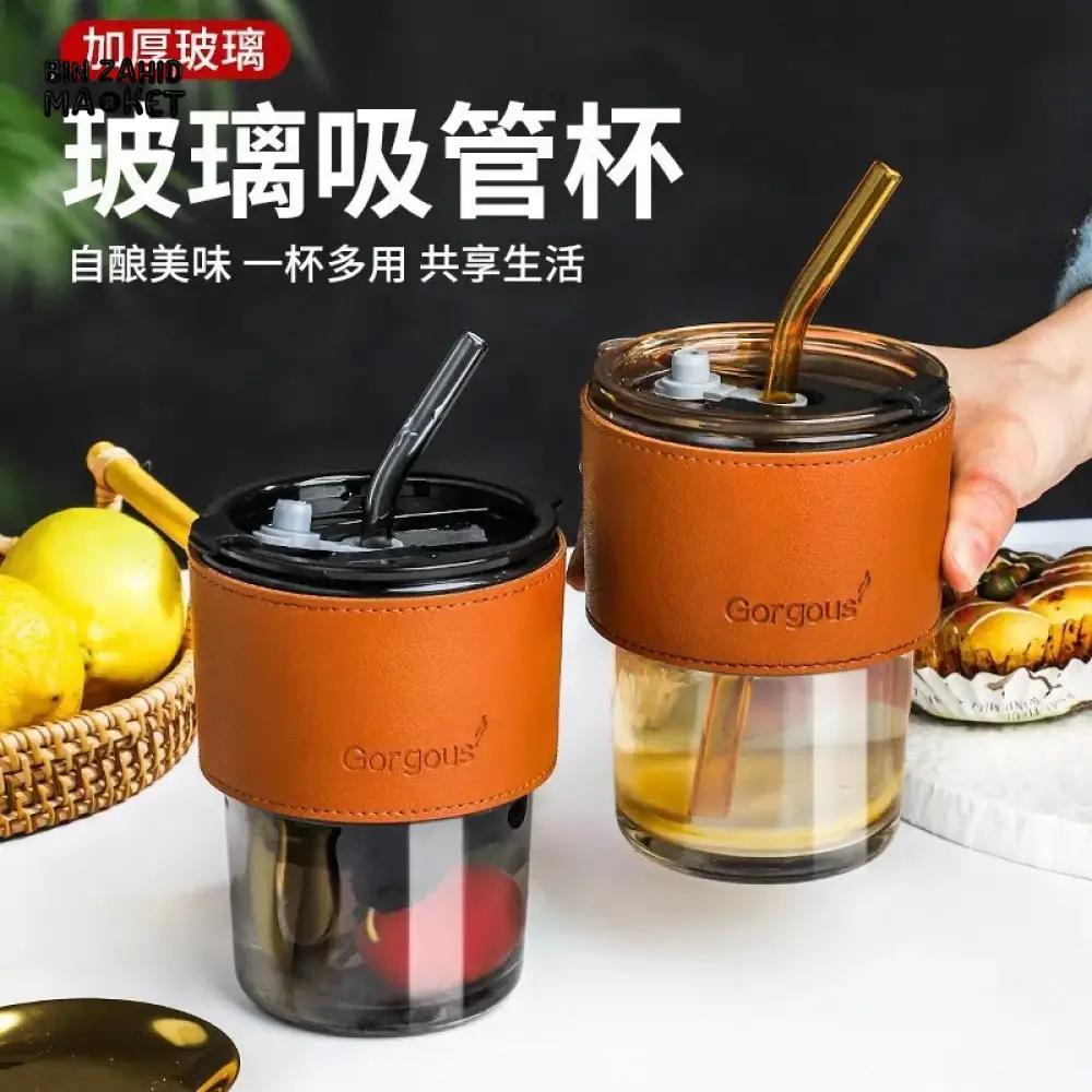 GORGOUS DOUBLE DRINKING GLASS CUP WITH GLASS STRAW 450ML - Image 3