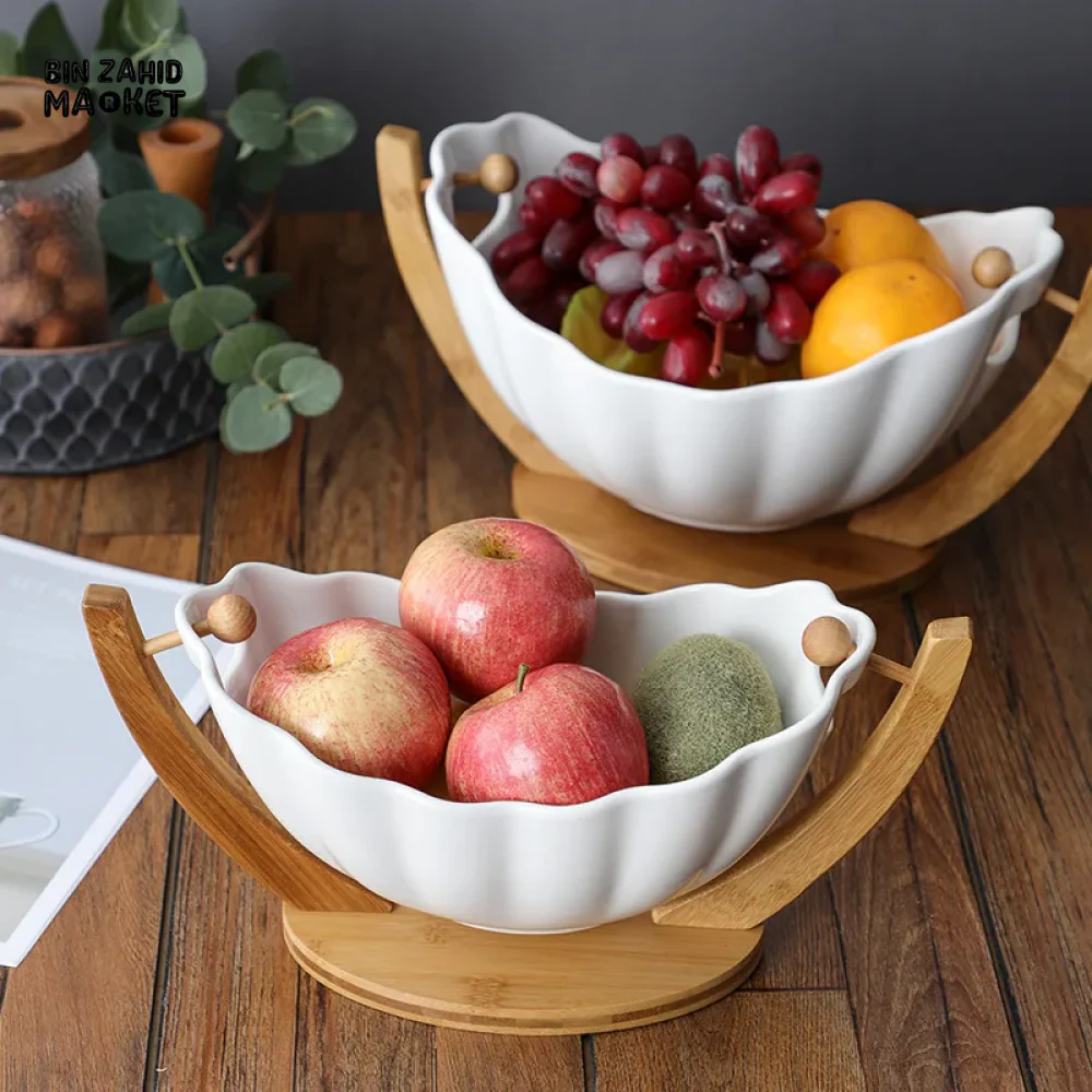 HANGING CERAMIC SALAD BOWL WITH BAMBOO STAND PORCELAIN FRUIT DESSERT TABLEWARE - Image 2