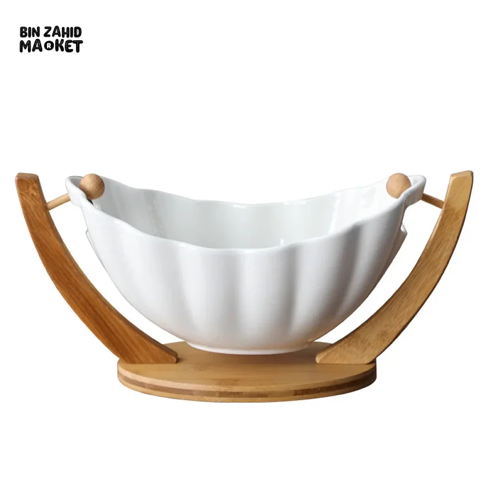 HANGING CERAMIC SALAD BOWL WITH BAMBOO STAND PORCELAIN FRUIT DESSERT TABLEWARE - Image 3