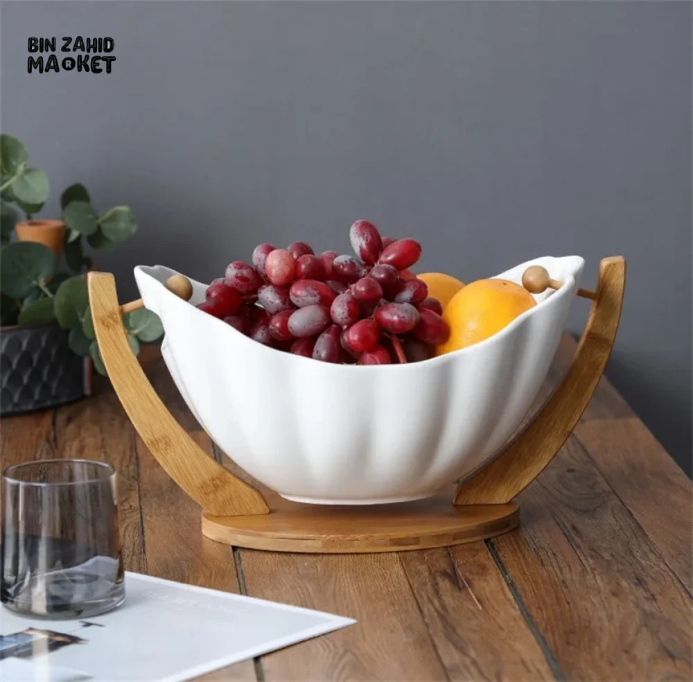 HANGING CERAMIC SALAD BOWL WITH BAMBOO STAND PORCELAIN FRUIT DESSERT TABLEWARE - Image 4