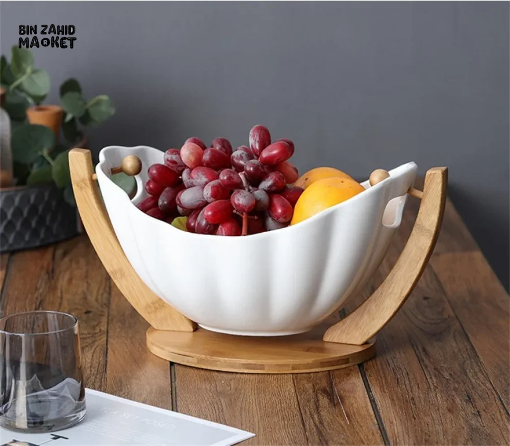HANGING CERAMIC SALAD BOWL WITH BAMBOO STAND PORCELAIN FRUIT DESSERT TABLEWARE - Image 5