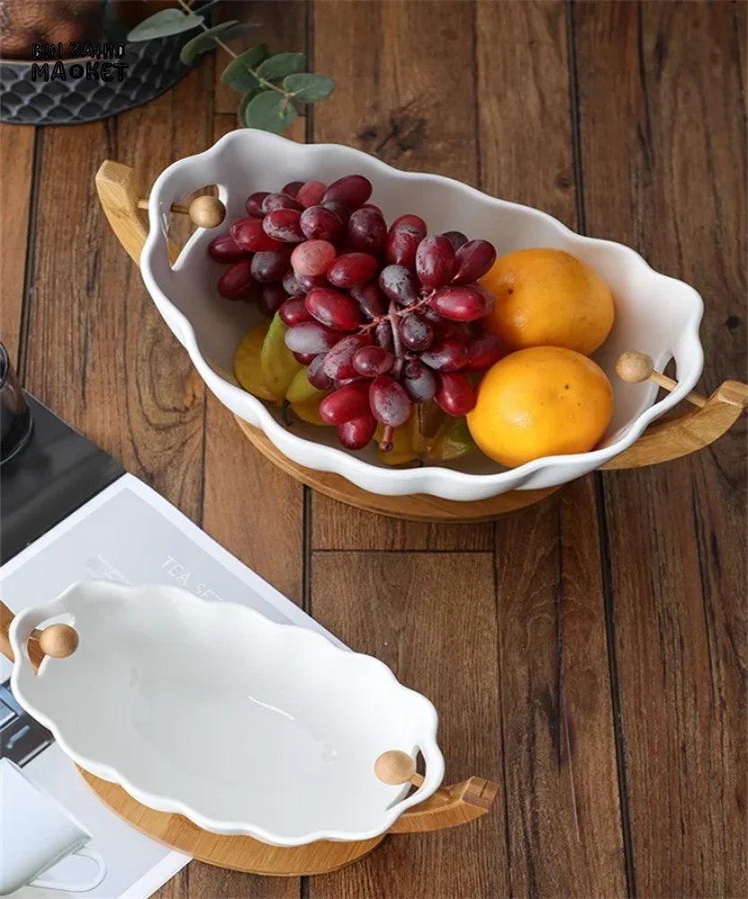 HANGING CERAMIC SALAD BOWL WITH BAMBOO STAND PORCELAIN FRUIT DESSERT TABLEWARE - Image 6