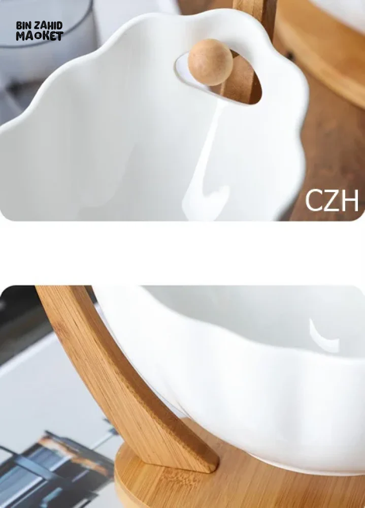 HANGING CERAMIC SALAD BOWL WITH BAMBOO STAND PORCELAIN FRUIT DESSERT TABLEWARE - Image 7