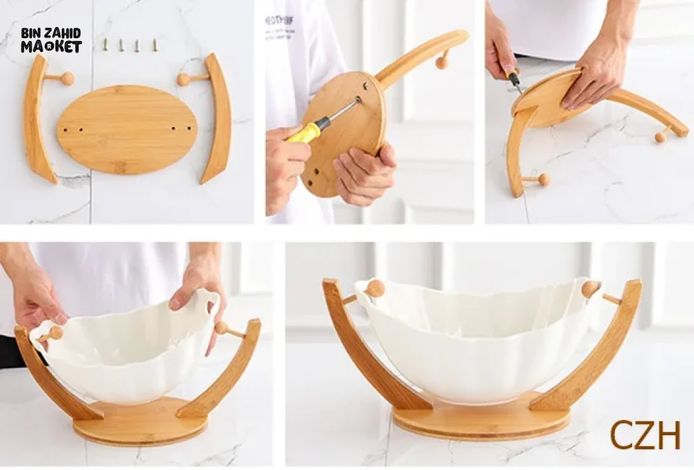 HANGING CERAMIC SALAD BOWL WITH BAMBOO STAND PORCELAIN FRUIT DESSERT TABLEWARE - Image 8