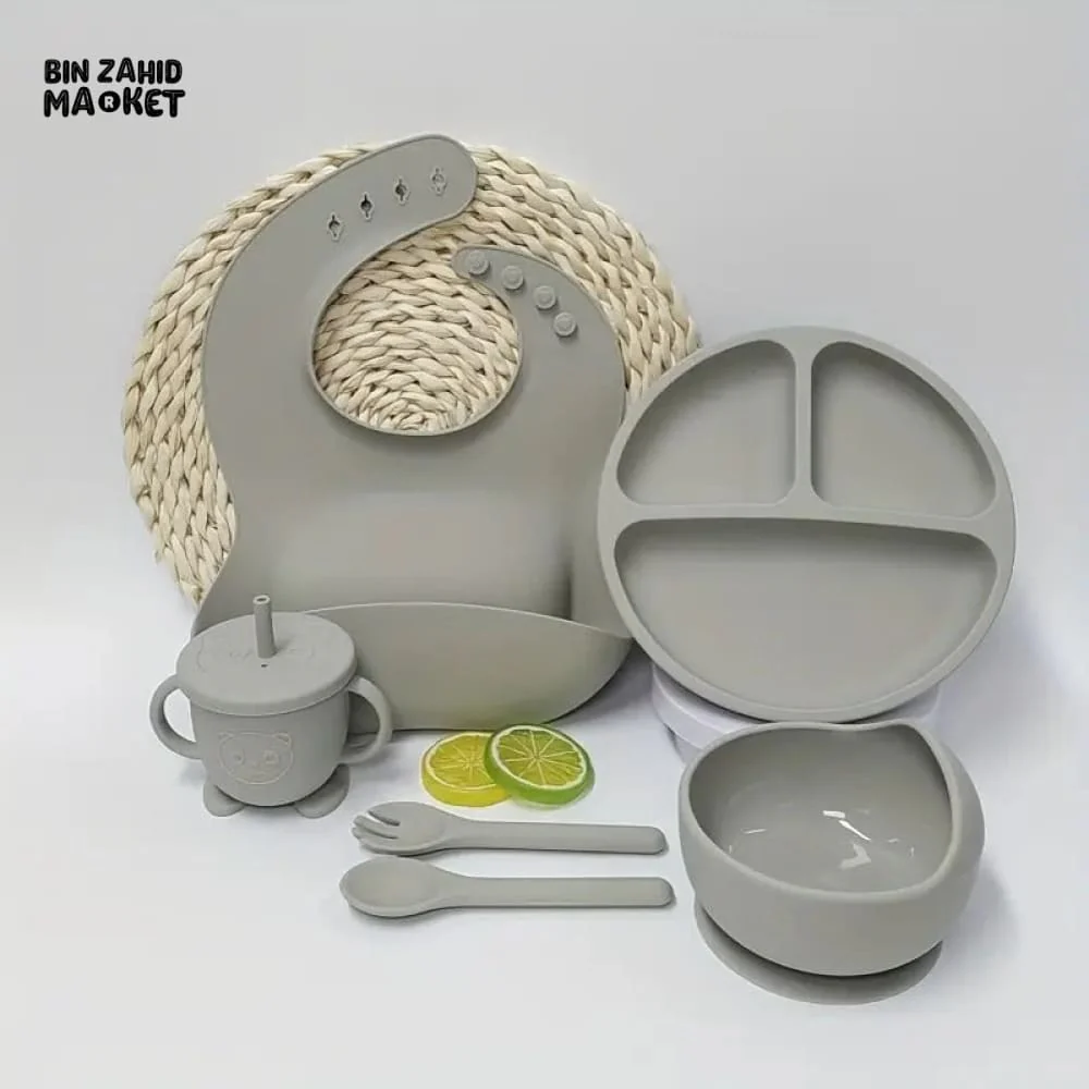 HAPPIMUMS SILICONE BABY 6IN1 TABLEWARE FEEDING SET - GREY