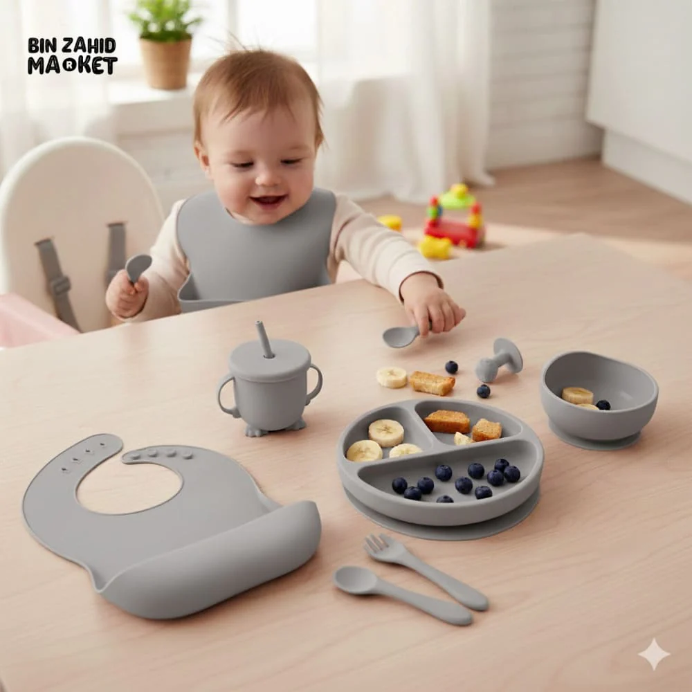 HAPPIMUMS SILICONE BABY 8IN1 TABLEWARE FEEDING SET - BLUE - Image 4