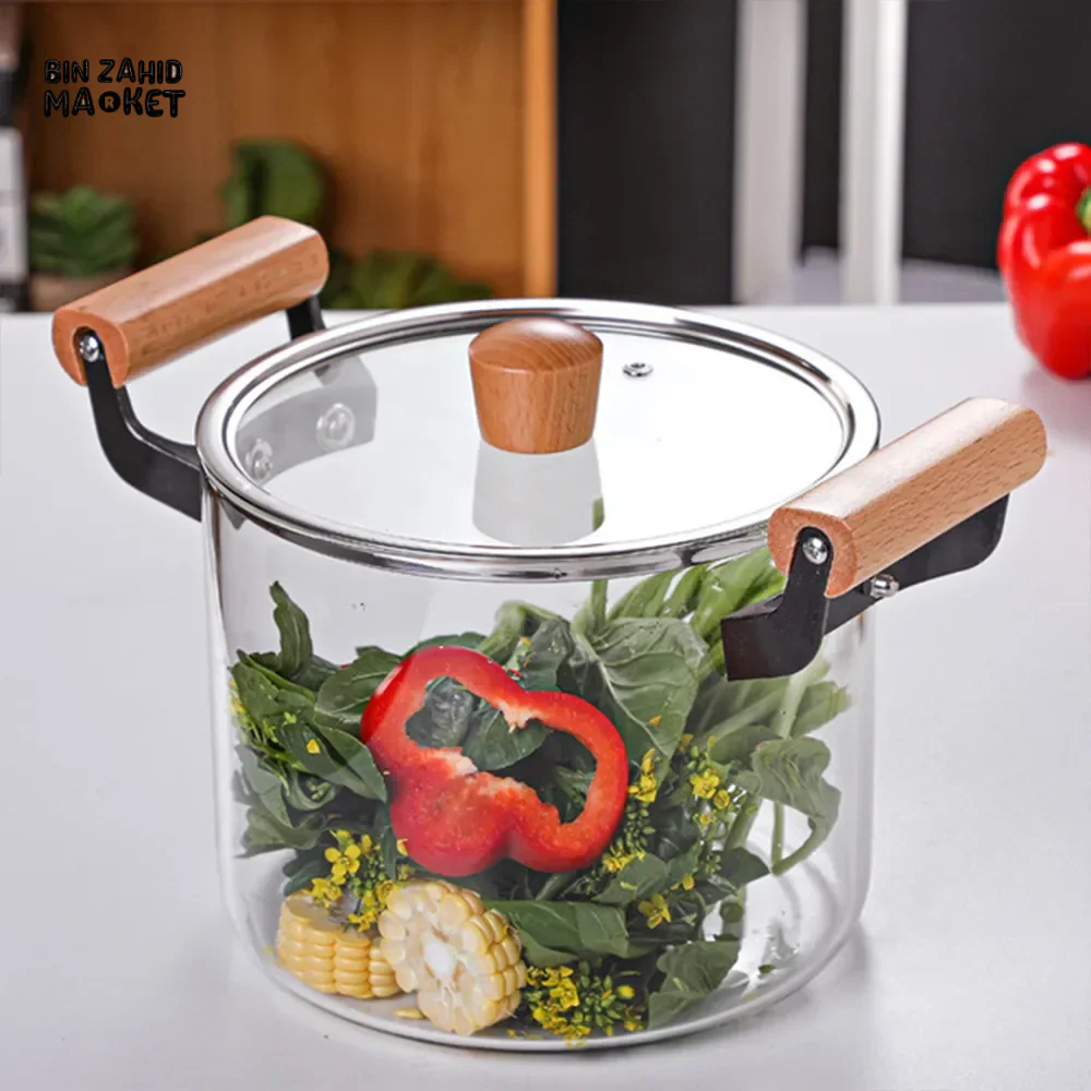 HEAT-RESISTANT STOCK POT WITH WOODEN HANDLE CLEAR LID SPACIOUS DESIGN - Image 2