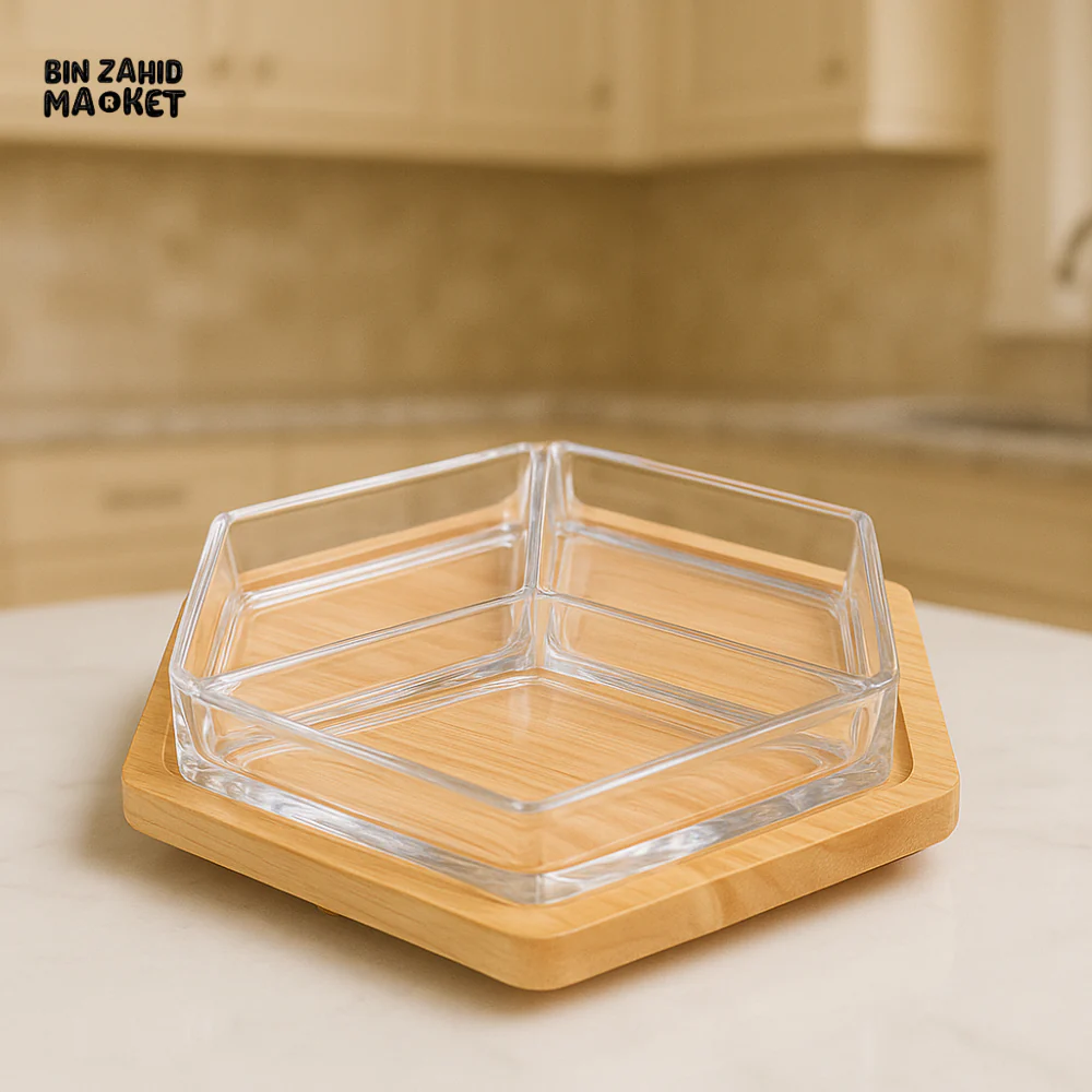 HEXAGON DRY FRUIT & SNACK TRAY – WITH WOODEN BASE 3-COMPARTMENT SERVING BOX - Image 2