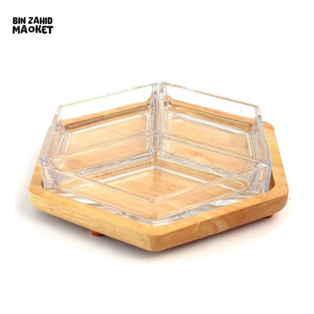 HEXAGON DRY FRUIT & SNACK TRAY – WITH WOODEN BASE 3-COMPARTMENT SERVING BOX - Image 3