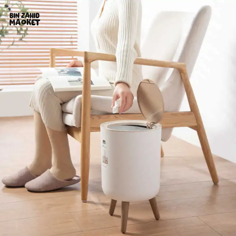 HIGH FOOT WOOD GRAIN TRASH CAN – KITCHEN BATHROOM OFFICE & HOME WASTE BIN - ROUND SHAPE - Image 3