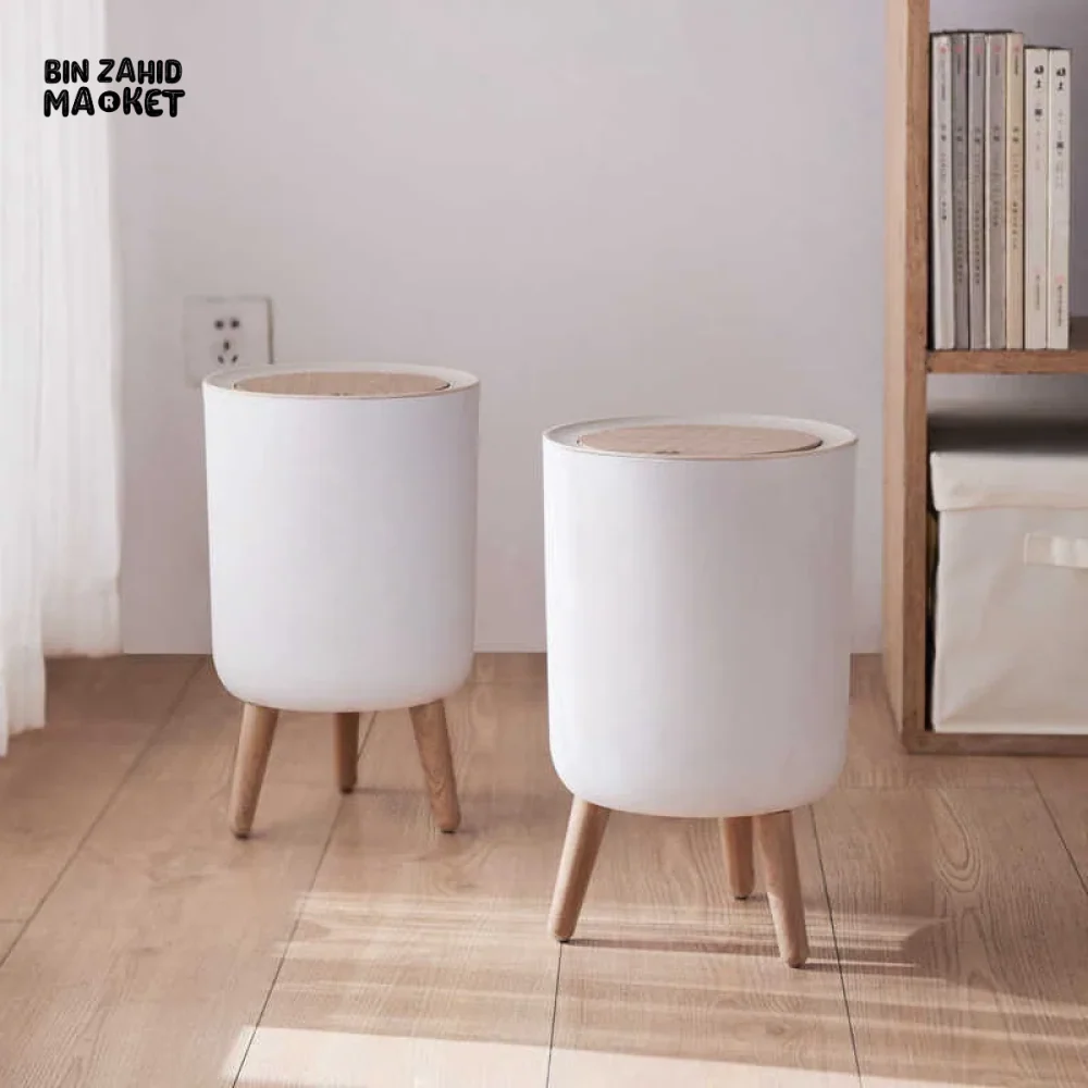 HIGH FOOT WOOD GRAIN TRASH CAN – KITCHEN BATHROOM OFFICE & HOME WASTE BIN - ROUND SHAPE - Image 4