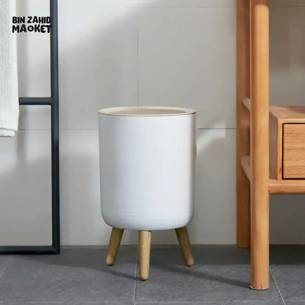 HIGH FOOT WOOD GRAIN TRASH CAN – KITCHEN BATHROOM OFFICE & HOME WASTE BIN - ROUND SHAPE - Image 5