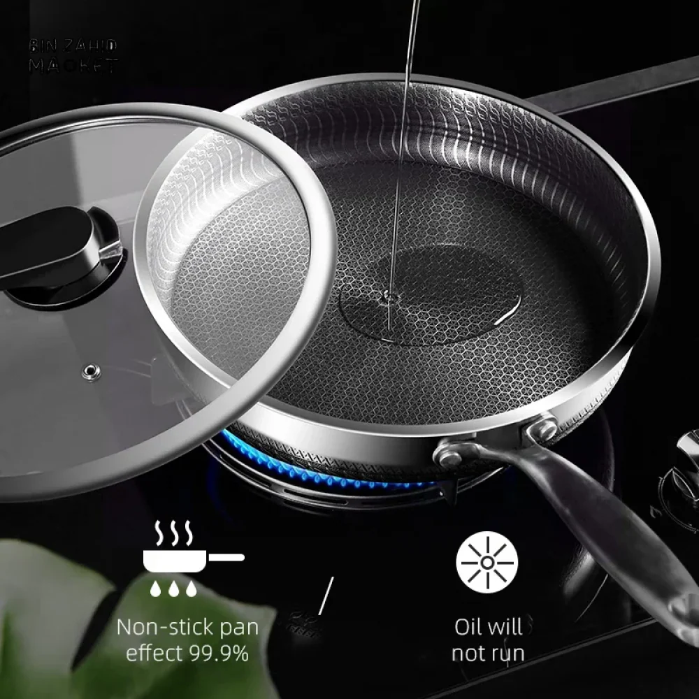 HIGH-QUALITY 316/304 SS FRYING PAN HONEYCOMB DESIGN NON-STICK SUITABLE FOR ALL COOKTOP WITHOUT CAP