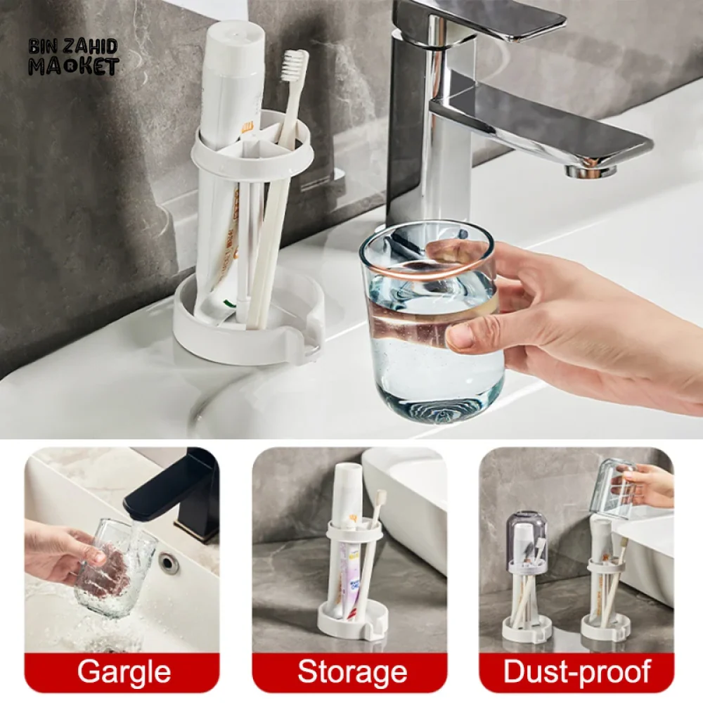 HOUSEHOLD BATHROOM 3-IN-1 TOOTHBRUSH HOLDER TOOTHPASTE & MOUTHWASH CUP ORGANIZER DRY AND DUSTPROOF CLEANING TOOL STORAGE RACK - Image 4