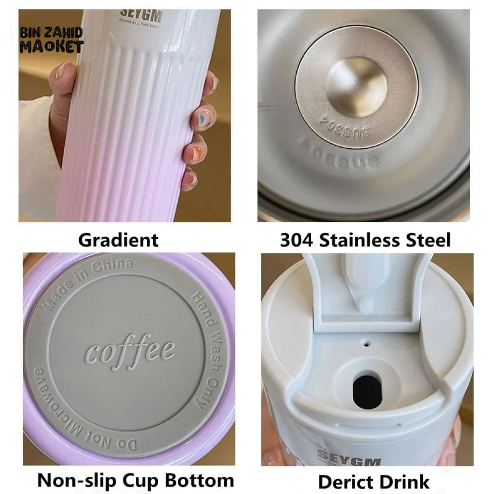 INSULATED COFFEE MUG 500ML – STRIPED STAINLESS STEEL VACUUM FLASK FOR TRAVEL - Image 2