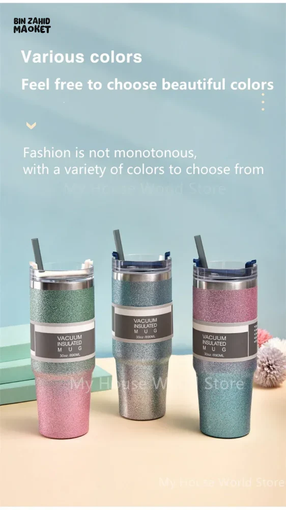 INSULATED STAINLESS STEEL TRAVEL CUP WITH STRAW LEAKPROOF THERMAL MUG & VACUUM COFFEE TUMBLER WITH COVER - Image 11