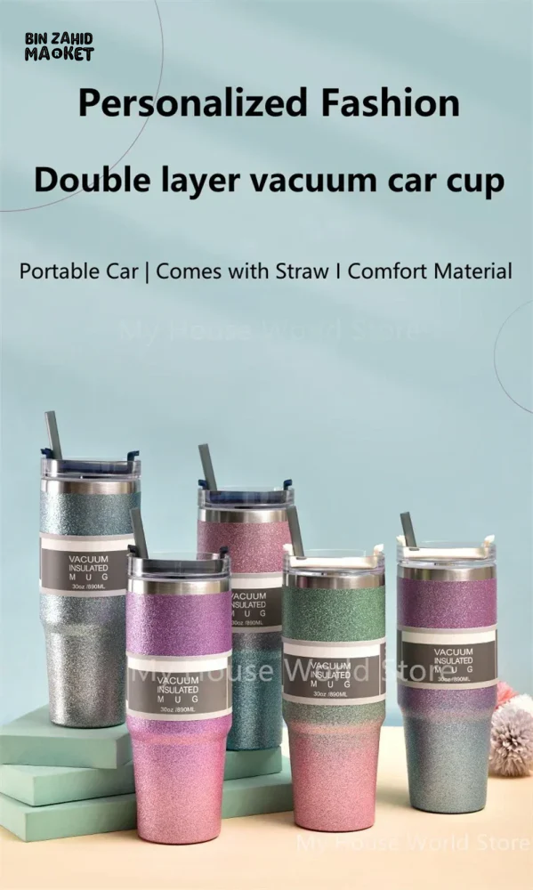 INSULATED STAINLESS STEEL TRAVEL CUP WITH STRAW LEAKPROOF THERMAL MUG & VACUUM COFFEE TUMBLER WITH COVER - Image 14