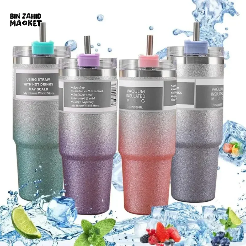 INSULATED STAINLESS STEEL TRAVEL CUP WITH STRAW LEAKPROOF THERMAL MUG & VACUUM COFFEE TUMBLER WITH COVER - Image 2