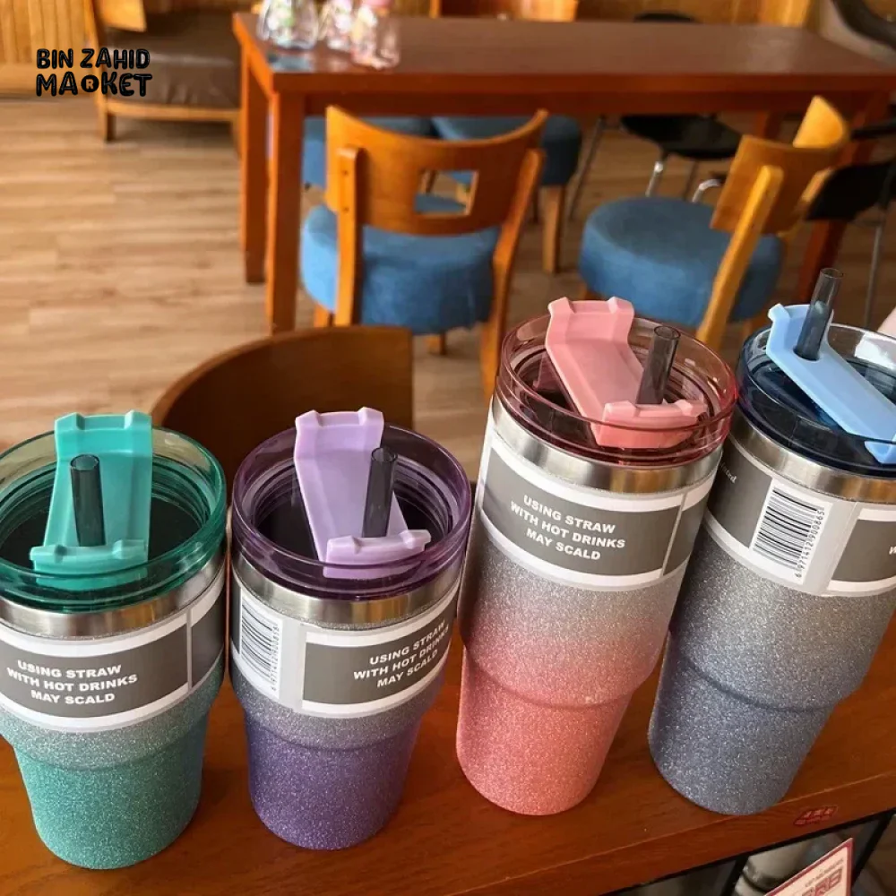 INSULATED STAINLESS STEEL TRAVEL CUP WITH STRAW LEAKPROOF THERMAL MUG & VACUUM COFFEE TUMBLER WITH COVER - Image 3