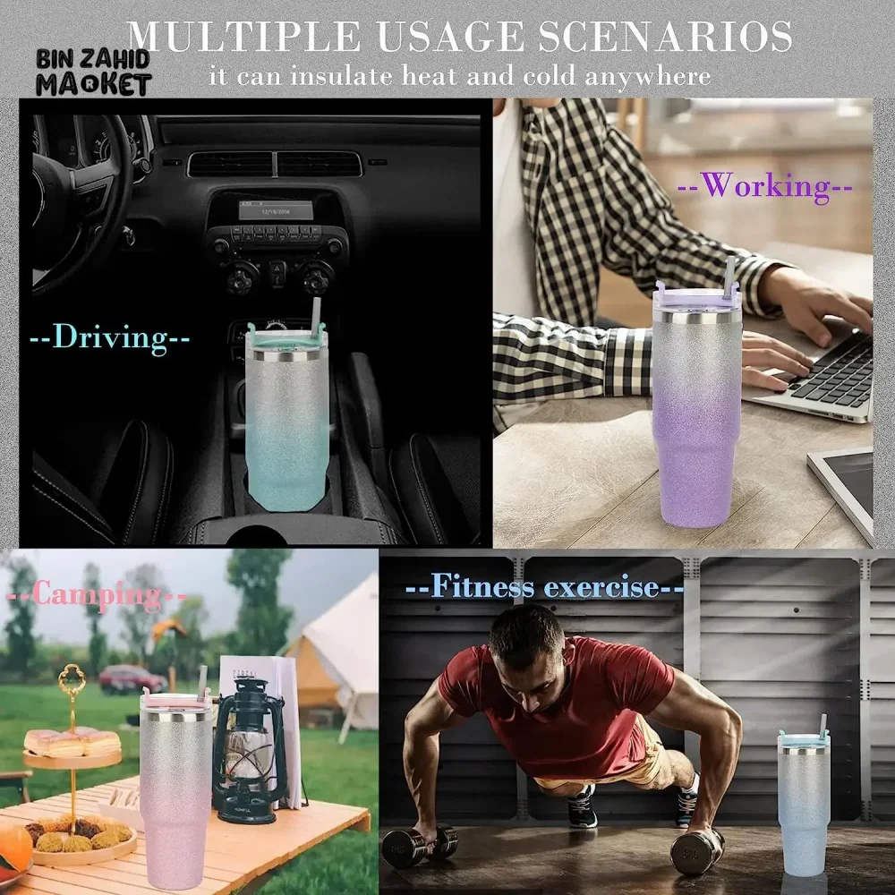 INSULATED STAINLESS STEEL TRAVEL CUP WITH STRAW LEAKPROOF THERMAL MUG & VACUUM COFFEE TUMBLER WITH COVER - Image 5