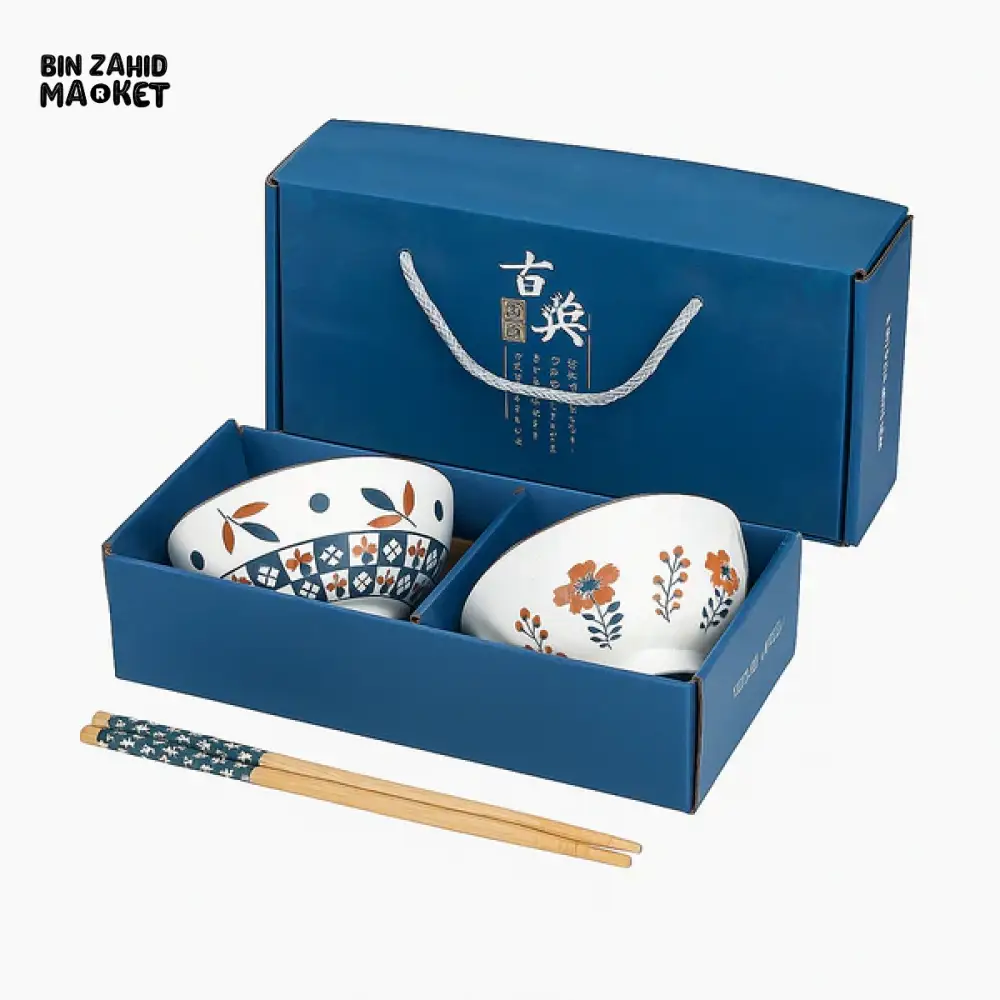 JAPANESE STYLE CERAMIC BOWL SET WITH CHOPSTICKS GIFT BOX PACKAGING - 2 PIECS SET - Image 2