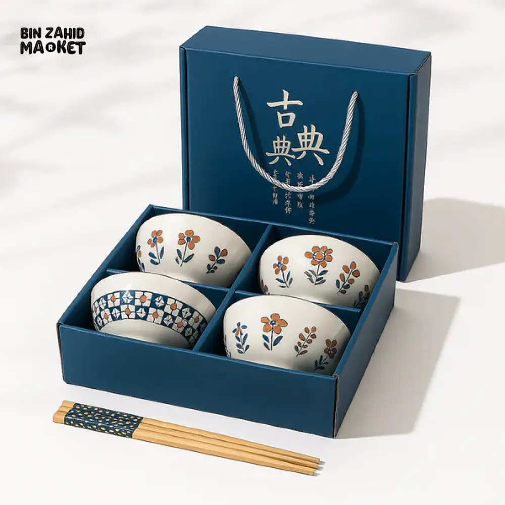 JAPANESE STYLE CERAMIC BOWL SET  WITH CHOPSTICKS  GIFT BOX PACKAGING - 4 PIECS SET