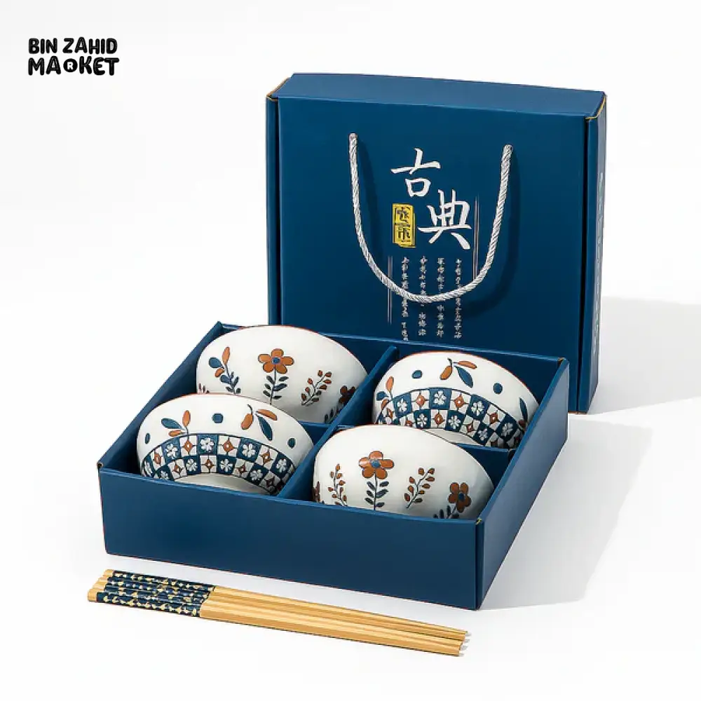 JAPANESE STYLE CERAMIC BOWL SET  WITH CHOPSTICKS  GIFT BOX PACKAGING - 4 PIECS SET - Image 2