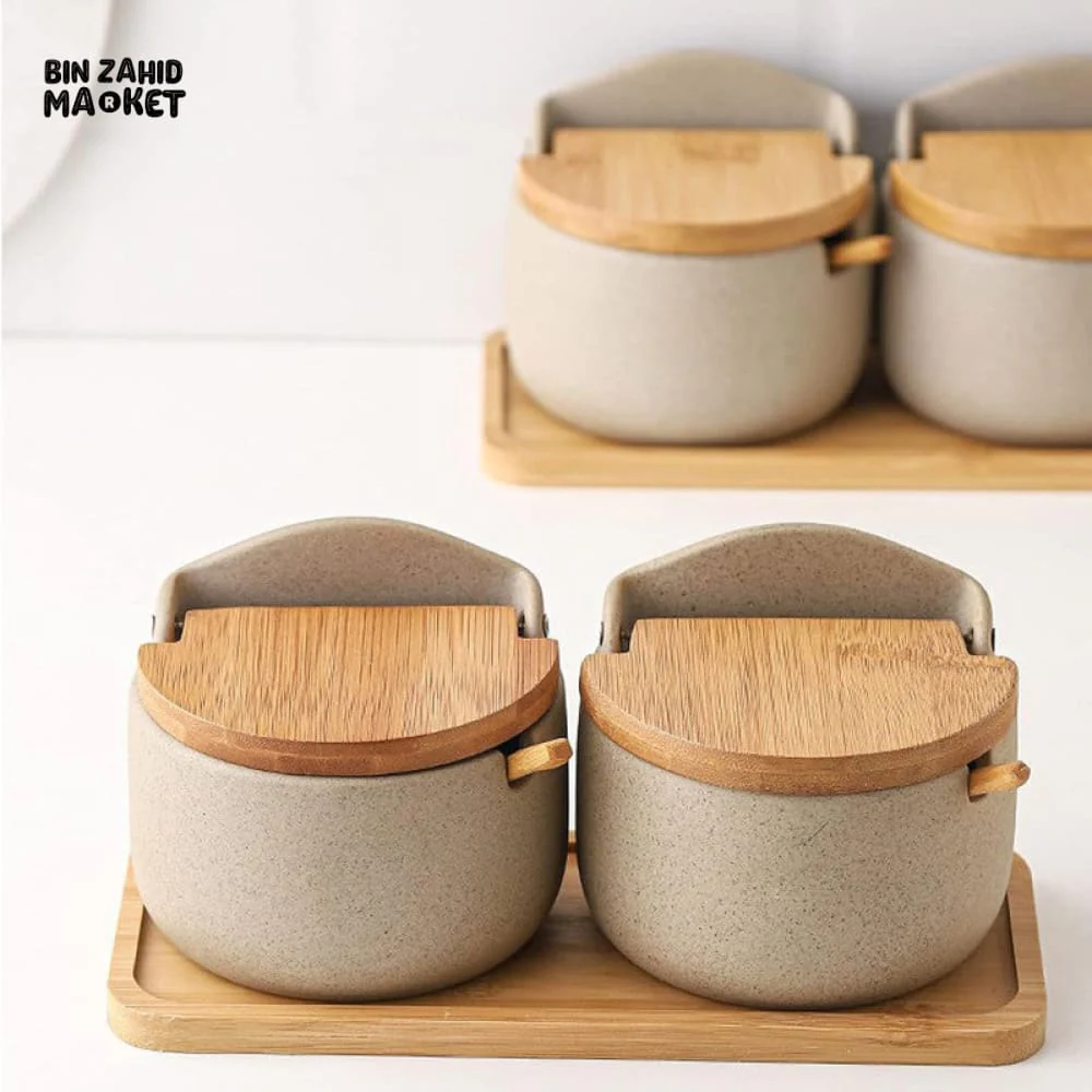 JAPANESE STYLE CERAMIC SPICE JAR SET – 2PIECE WITH WOODEN LIDS, SPOONS & TRAY - Image 2