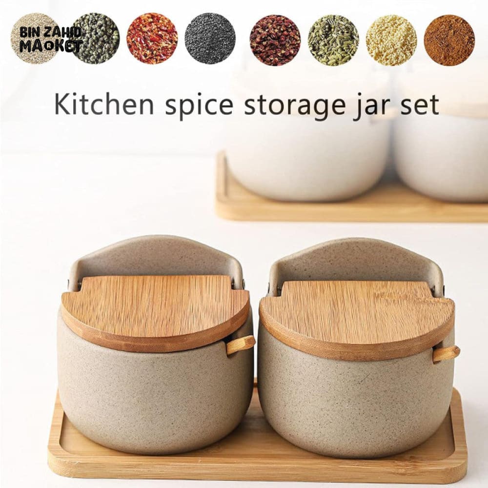 JAPANESE STYLE CERAMIC SPICE JAR SET – 2PIECE WITH WOODEN LIDS, SPOONS & TRAY - Image 3