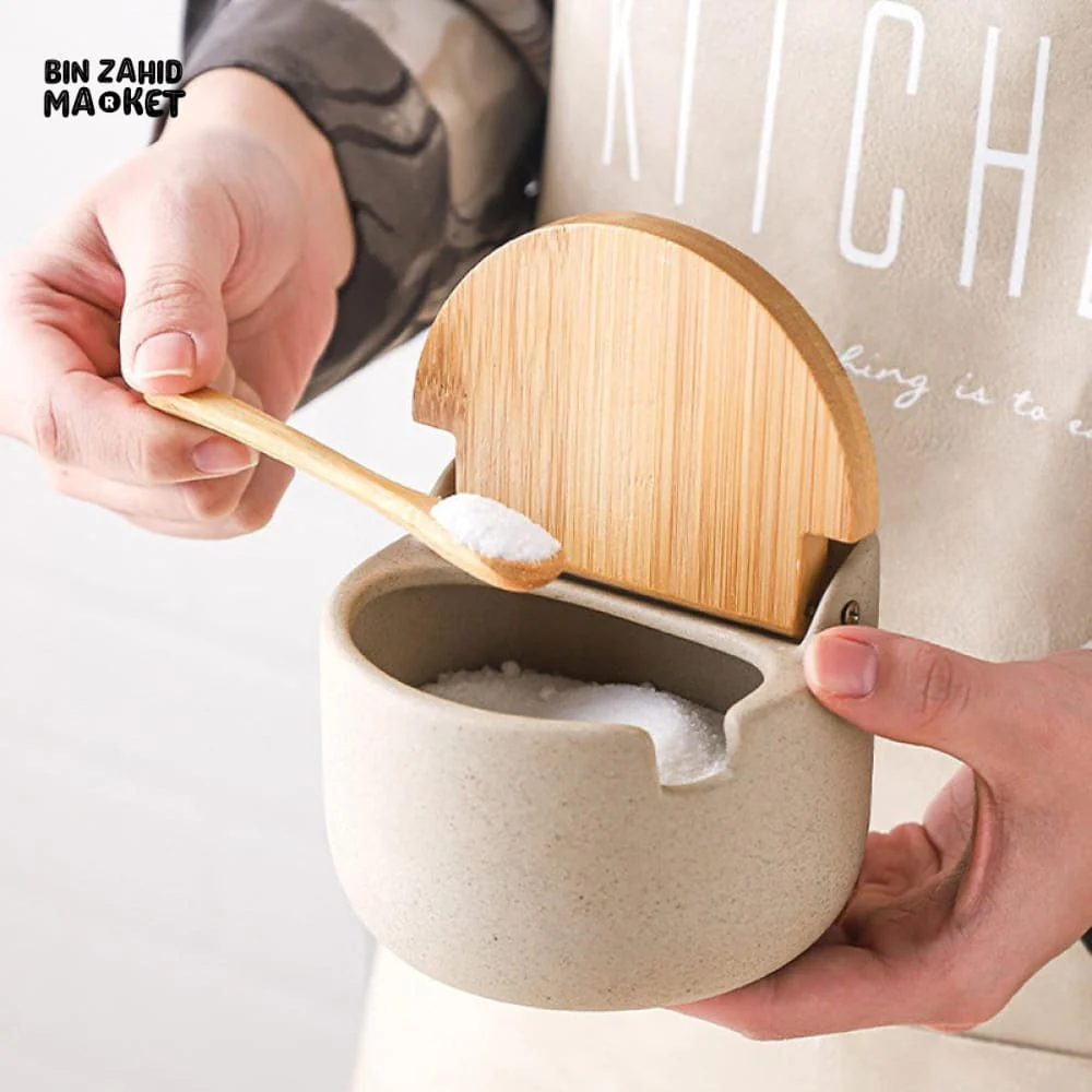 JAPANESE STYLE CERAMIC SPICE JAR SET – 2PIECE WITH WOODEN LIDS, SPOONS & TRAY - Image 4