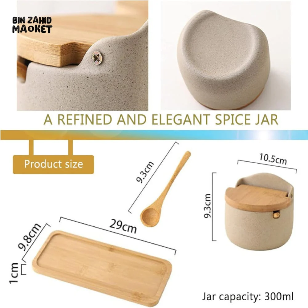 JAPANESE STYLE CERAMIC SPICE JAR SET – 2PIECE WITH WOODEN LIDS, SPOONS & TRAY - Image 5
