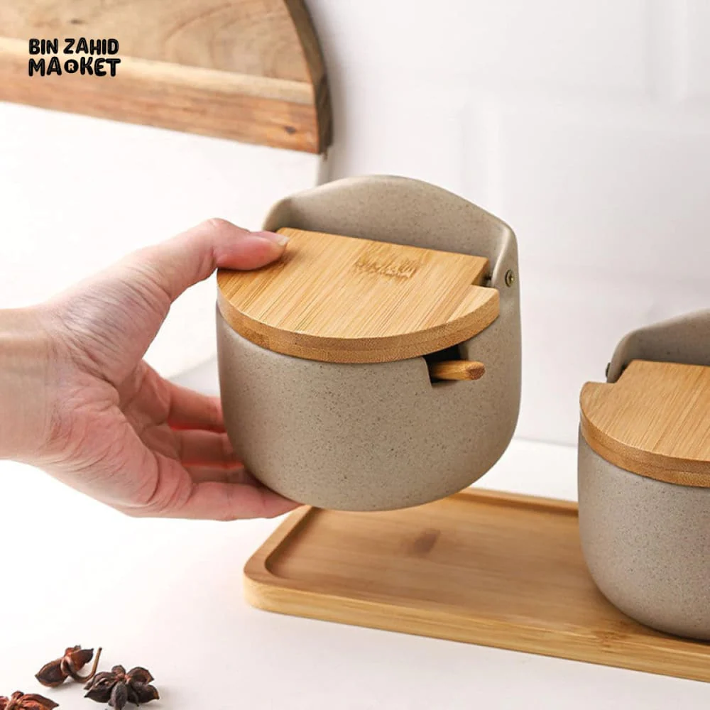 JAPANESE STYLE CERAMIC SPICE JAR SET – 2PIECE WITH WOODEN LIDS, SPOONS & TRAY - Image 6