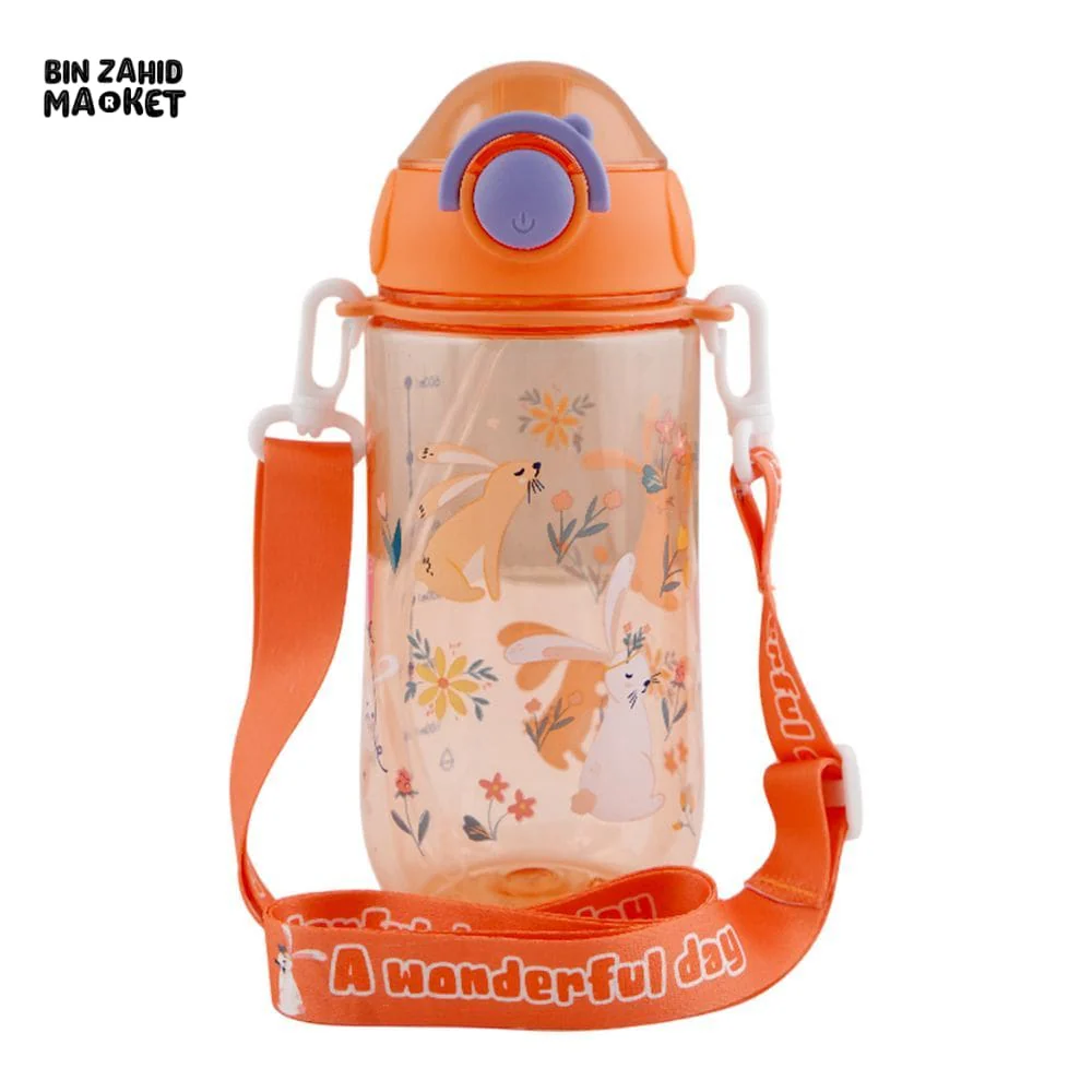KIDS CARTOON FANCY WATER BOTTLE WITH CAP LOCK & HANDLE ORANGE SB-07 600ML - Image 2