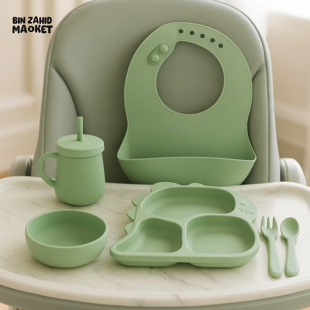 KIDS SILICONE MEAL SET  6 PIECES – BIB STRAW CUP COMPARTMENT DINO TRAY BOWL CUTLERY