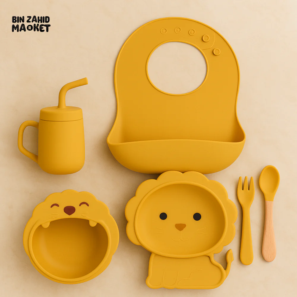 KIDS SILICONE MEAL SET 6 PIECES – LION BOWL & PLATE BIB STRAW CUP SPOON FORK