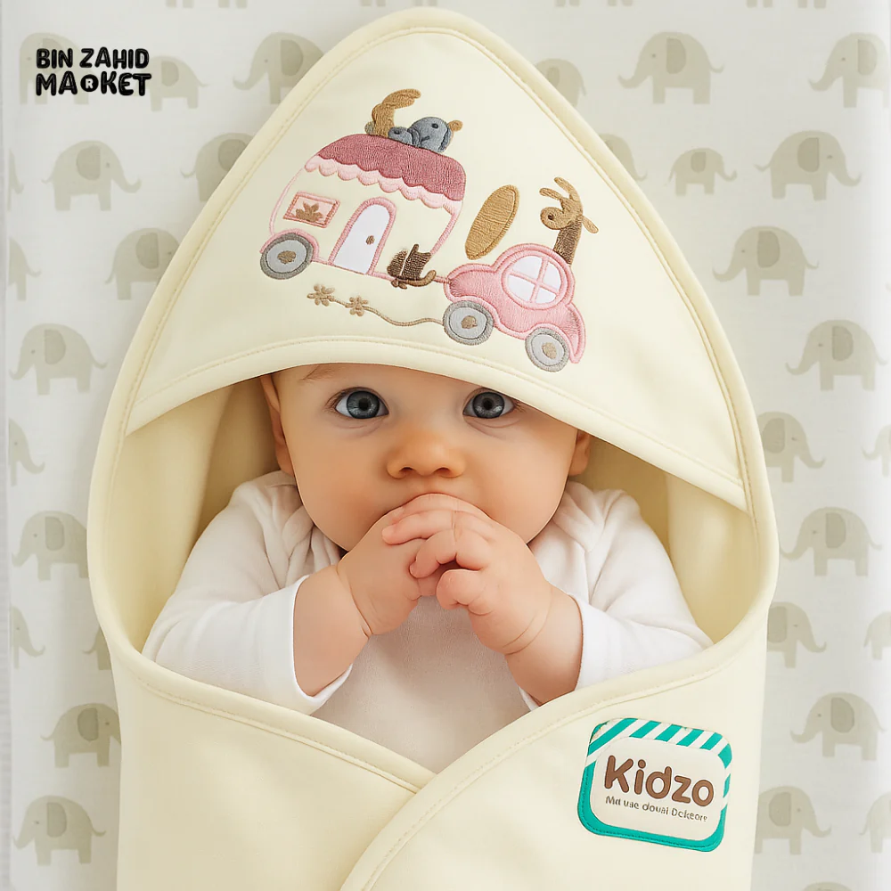 KIDZO 100% COTTON BABY HOODED WRAPPING SHEET – CREAM EMBROIDERED CAR & ANIMAL DESIGN NEWBORN WRAP - Image 2