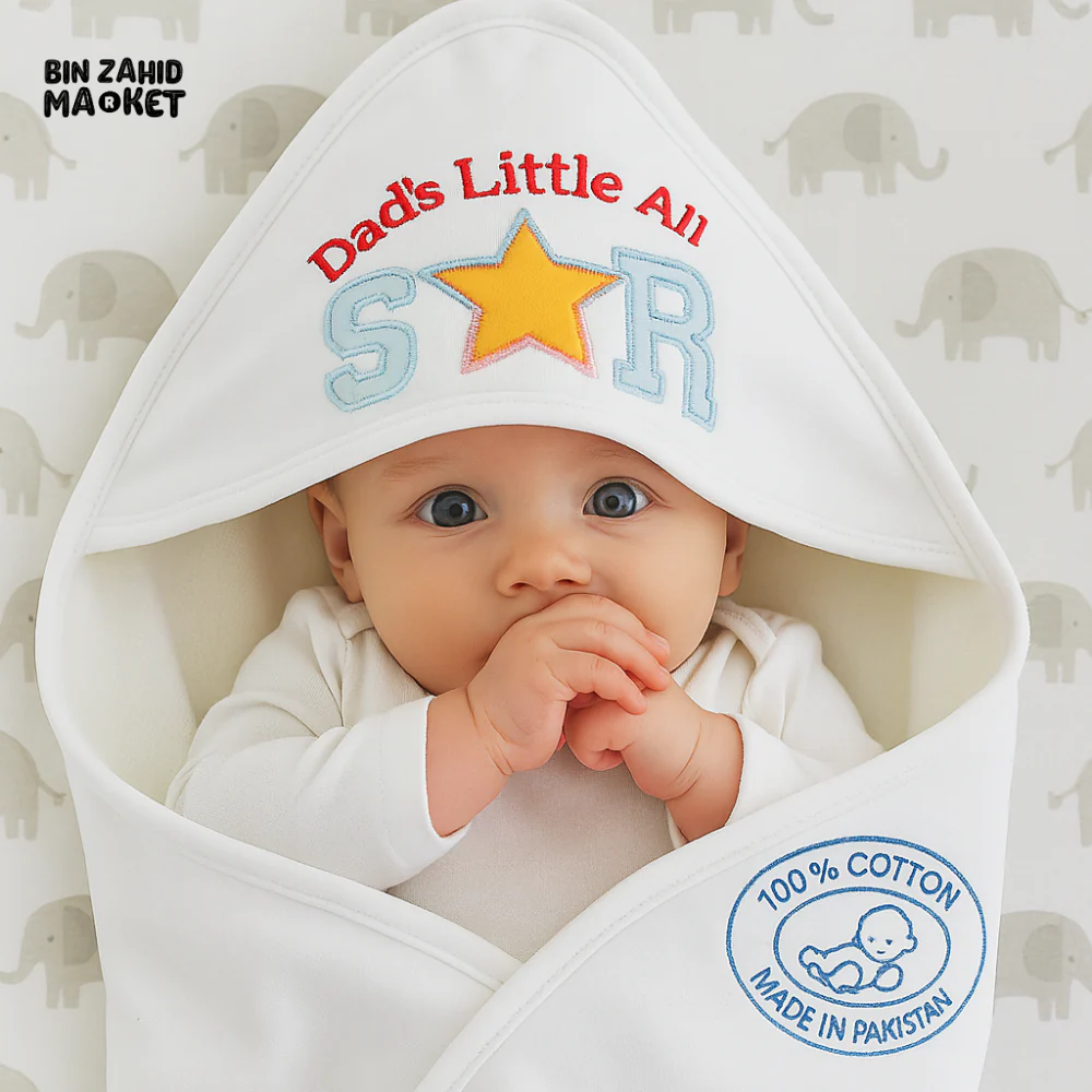 KIDZO 100% COTTON BABY HOODED WRAPPING SHEET – DAD’S LITTLE ALL STAR EMBROIDERED NEWBORN WRAP - Image 2
