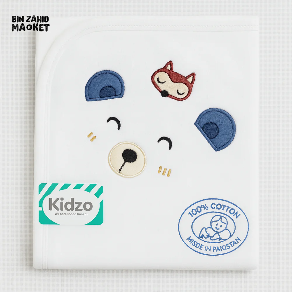 KIDZO 100% COTTON BABY HOODED WRAPPING SHEET – EMBROIDERED BEAR & FOX DESIGN SOFT NEWBORN WRAP