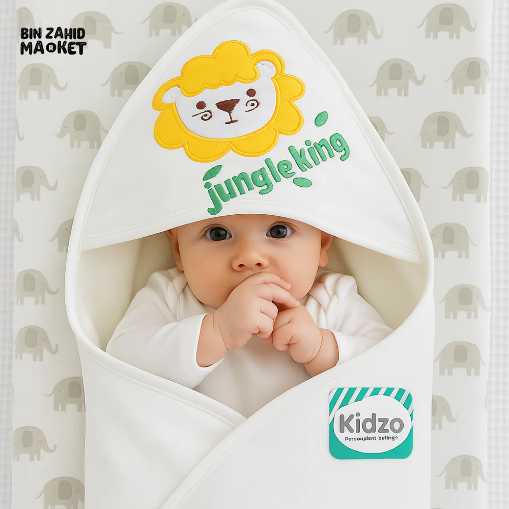 KIDZO 100% COTTON BABY WRAPPING SHEET – WHITE WITH JUNGLE KING LION EMBROIDERY SOFT & COMFORTABLE NEWBORN WRAP - Image 2