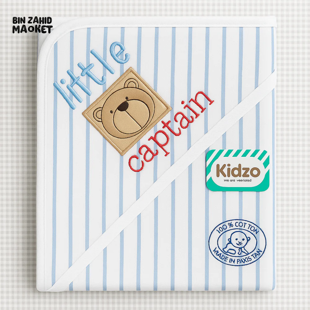KIDZO LITTLE CAPTAIN HOODED WRAPPING SHEET – 100% COTTON BABY SWADDLE WITH BEAR PATCH & STRIPED DESIGN - BLUE