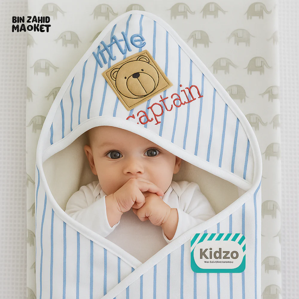 KIDZO LITTLE CAPTAIN HOODED WRAPPING SHEET – 100% COTTON BABY SWADDLE WITH BEAR PATCH & STRIPED DESIGN - BLUE - Image 2
