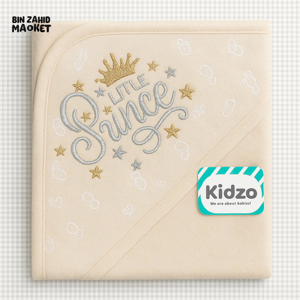 KIDZO LITTLE PRINCE HOODED WRAPPING SHEET – SOFT COTTON BABY SWADDLE WITH CROWN & STAR EMBROIDERY BEIGE COLOR