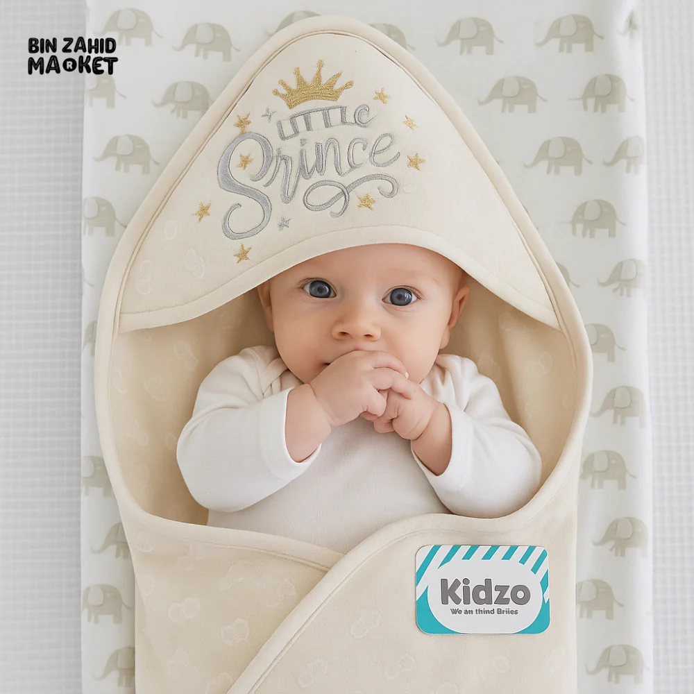KIDZO LITTLE PRINCE HOODED WRAPPING SHEET – SOFT COTTON BABY SWADDLE WITH CROWN & STAR EMBROIDERY BEIGE COLOR - Image 2